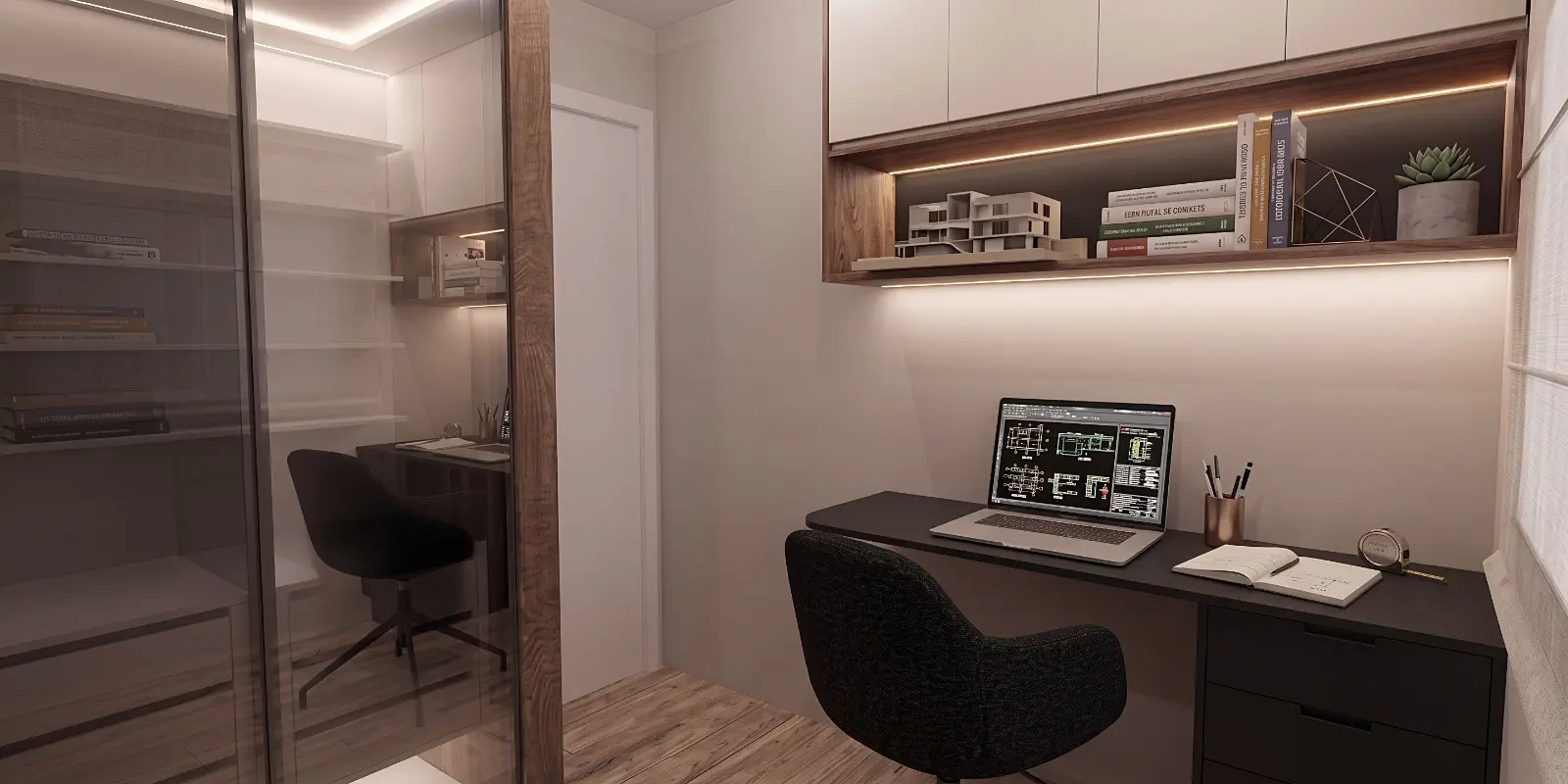 Projeto de home office com bancada e nichos planejados